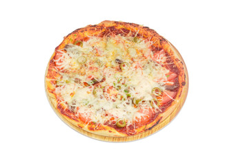 Cooked pizza with chicken, tomatoes and olives on light background