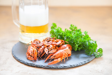 Boiled red crayfishes with a beer and green vegetableson a ceramic board. Close up. Selective focus.