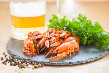 Boiled red crayfishes with a beer and green vegetableson a ceramic board. Close up. Selective focus.