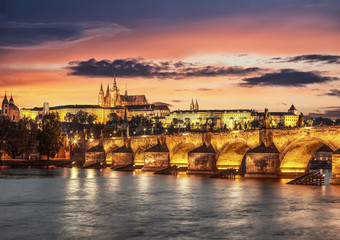 Charles bridge and Prague castle at night