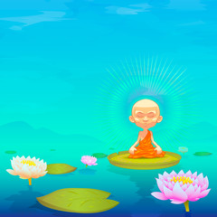 Obraz na płótnie Canvas Meditating. Monk. Little meditating monk. Vector cartoon illustration. Little monk on a beautiful background.