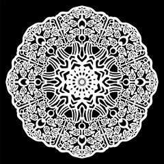 Lace round paper doily, lacy snowflake, greeting element,  template for cutting  plotter, round pattern, laser cut  template, doily to decorate the cake,  vector illustrations.