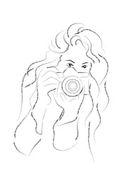 Abstract photographer woman line art black and white illustration | professional holding camera attractive