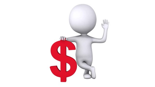 3d white man stand with red dollar sign. Wave hello. Render isolated on white. Money concept.