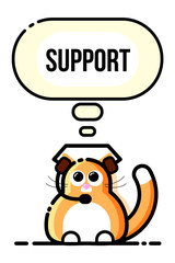 Cat wearing headphones and microphone. Support service team. Text box. Flat line style. Vector illustration. Icon concept