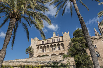 Naklejka premium SPAIN, MAJORCA, PALMA DE MAJORCA 29-11-2016. Palace Almudaina the historic center of Palma today houses the military command and the private suites of the Spanish king when he visits the island.