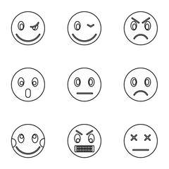 Emoticons icons set. Outline illustration of 9 emoticons vector icons for web