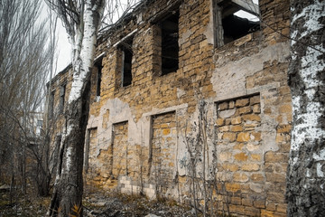 Fototapeta na wymiar Ukraine, Odessa area destroyed factory. Ruins of the destroyed building or premises.