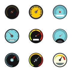 Types of speedometers icons set. Flat illustration of 9 types of speedometers vector icons for web