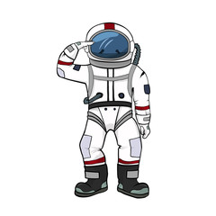 Obraz premium Astronaut salutes white background isolated. Spacesuit color illustration. Spaceman equipment