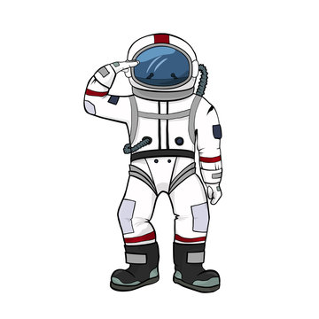Astronaut salutes white background isolated. Spacesuit color illustration. Spaceman equipment
