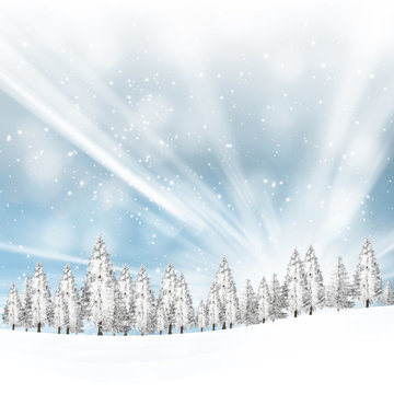 Beautiful snowy winter landscape with snowy trees and sunlight. Winter time landscape greeting card with snowfall and place for text message.