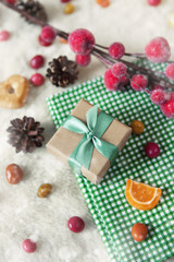 Christmas composition, gift box. Still life with snow