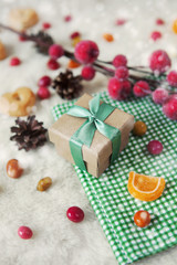 Christmas composition, gift box. Still life with snow