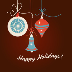 Christmas ornaments, flat design, mid-century modern style inspired vintage color palette, vector illustration