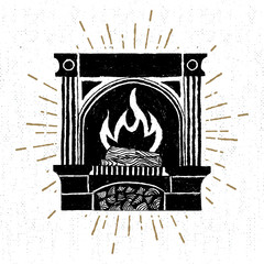 Hand drawn label with textured fireplace vector illustration.