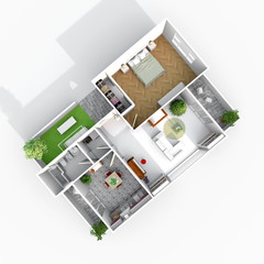 3d interior rendering rotated view of furnished home apartment 