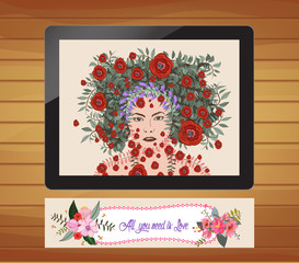 Valentines day card with girl floral background