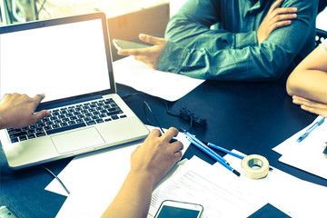 Business meeting time. Photo young account managers crew working