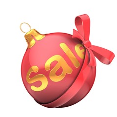 3d illustration of Christmass ball over white background with sale sign and red bow