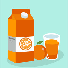 Orange juice in glass. Carton box. Vector illustration. Flat design style