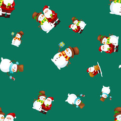 Merry Christmas and Happy New Year Friends Santa Claus in hat snowman in scarf celebrate xmas, snowfall from snowflakes vector illustration