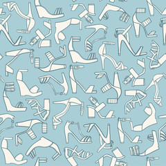 Seamless fashion pattern on light blue background. Lots of various flat doodle sandals on high cone or platform heels. Beautiful footwear, hand drawn, good for wrapping paper and other design.