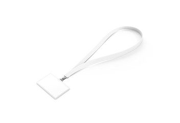 Blank white name bagde lace mockup, 3d rendering. Plain empty horizontal namebadge mock up with cotton band isolated. Clear business pass design template. Corporate identity branding lanyard.
