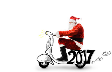 Santa Claus driving scooter isolated on white background