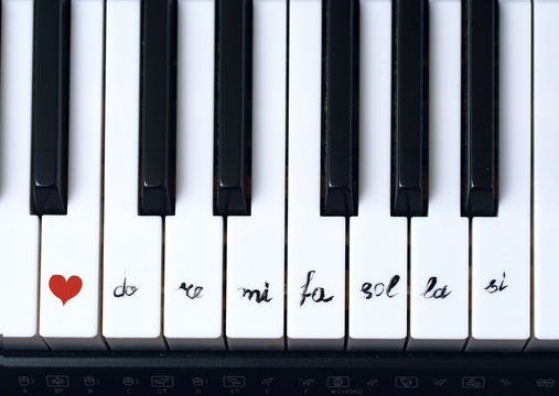 Piano keys closeup with a pattern and heart notes. The idea of the concept for the composer, concert, musical inspiration, love of music. The original art image.