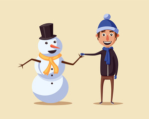 Boy making cute snowman. Cartoon vector illustration.