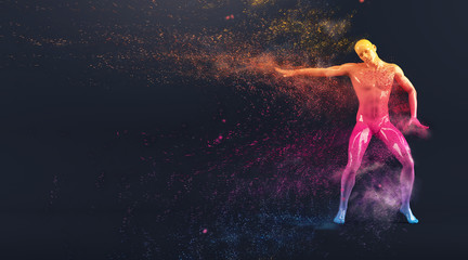 Abstract colorful plastic human body mannequin figure with scattering particles over black background. Action break dance electric pose. 3D rendering illustration