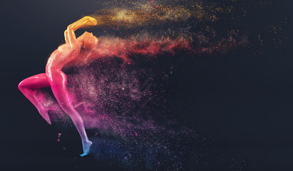 Abstract colorful plastic human body mannequin figure with scattering particles over black background. Action running and jumping pose. 3D rendering illustration