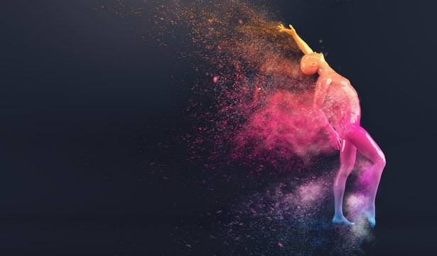 Abstract colorful plastic human body mannequin figure with scattering particles over black background. Action dance pose. 3D rendering illustration