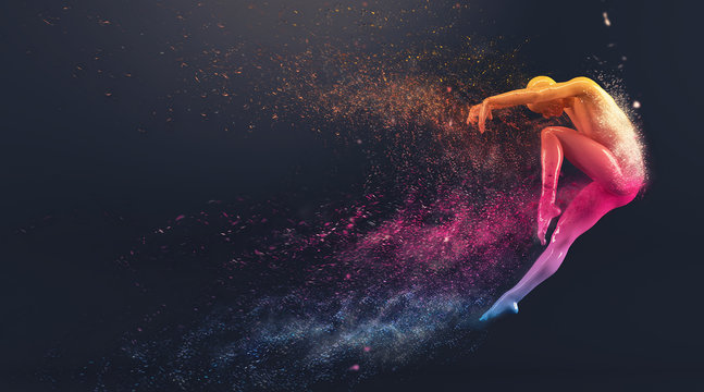Abstract colorful plastic human body mannequin with scattering particles over black background. Action dance jump ballet pose. 3D rendering illustration