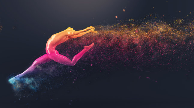 Abstract colorful plastic human body mannequin with scattering particles over black background. Action dance ballet pose. 3D rendering illustration