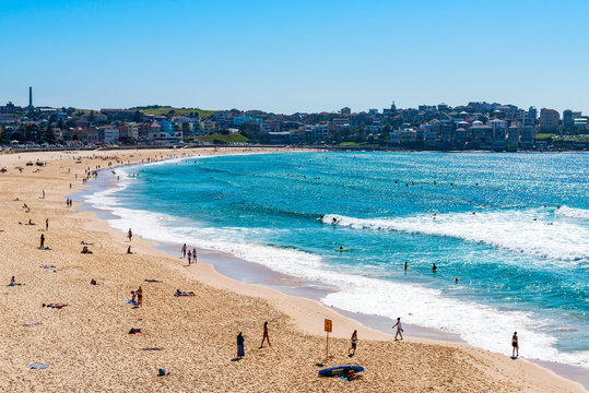 SYDNEY,AUSTRALIA-DEC 01, 2015:People relaxing at Bondi beach beach in Sydney, Australia on Dec 01, 2015. Bondi beach is one of a famous beach in the world.