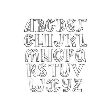 Hand drawn decorative alphabet in doodle creative stile, decorated with dots and stripes. Vector isolated collection, good for lettering, quotes and typography design. Letters sequence from A to Z