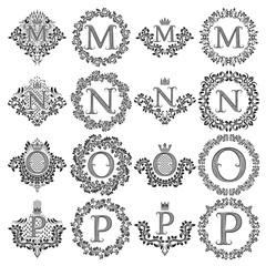 Vintage monograms set of letters M, N, O, P. Heraldic coats of arms, symbols in floral round and square frames.