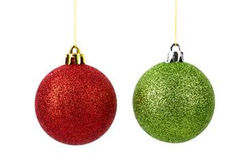 Red and green christmas balls isolated on white background.