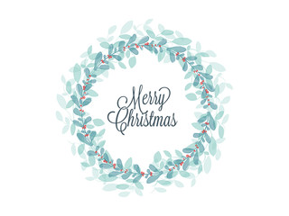 Christmas greetings card with green leaf and red holly jolly created with watercolor brushes effect