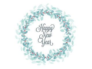 Happy new year greetings card with green leaf and red holly jolly created with watercolor brushes effect