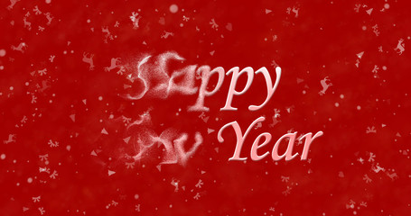 Happy New Year text turns to dust from bottom on red background