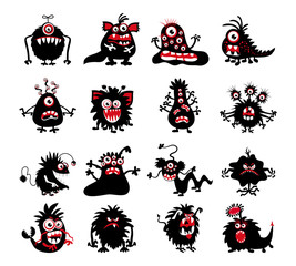 Halloween black monster silhouettes. Bacteria and beast, alien devil, ghosts or demon vector illustration © K3Star