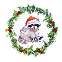 Christmas wreath with raccoon in red santa hat.  watercolor © zzorik