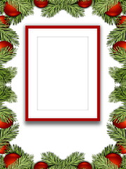 Blank red picture frame on white background enclosed by red Christmas ornaments and leaves