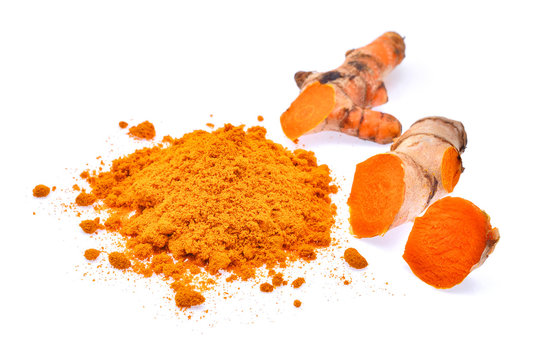 turmeric root and powder isolated on white background