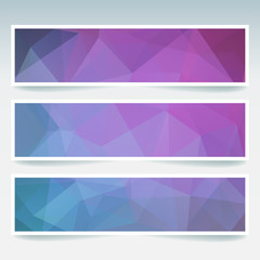 Vector banners set with pink, blue, purple polygonal abstract triangles. Abstract polygonal low poly banners.