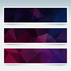 Set of banner templates with abstract background. Modern vector banners with polygonal background. Dark red, purple, blue colors.