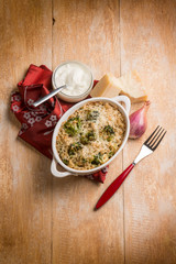 barley gratin with broccoli parmesan cheese and bechamel
